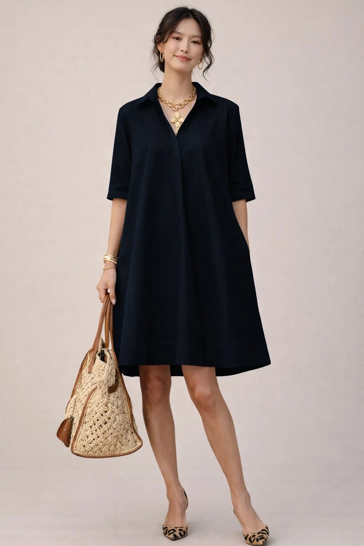 Shop Navy Cotton Box Pleated Dress for women by SNEHA B