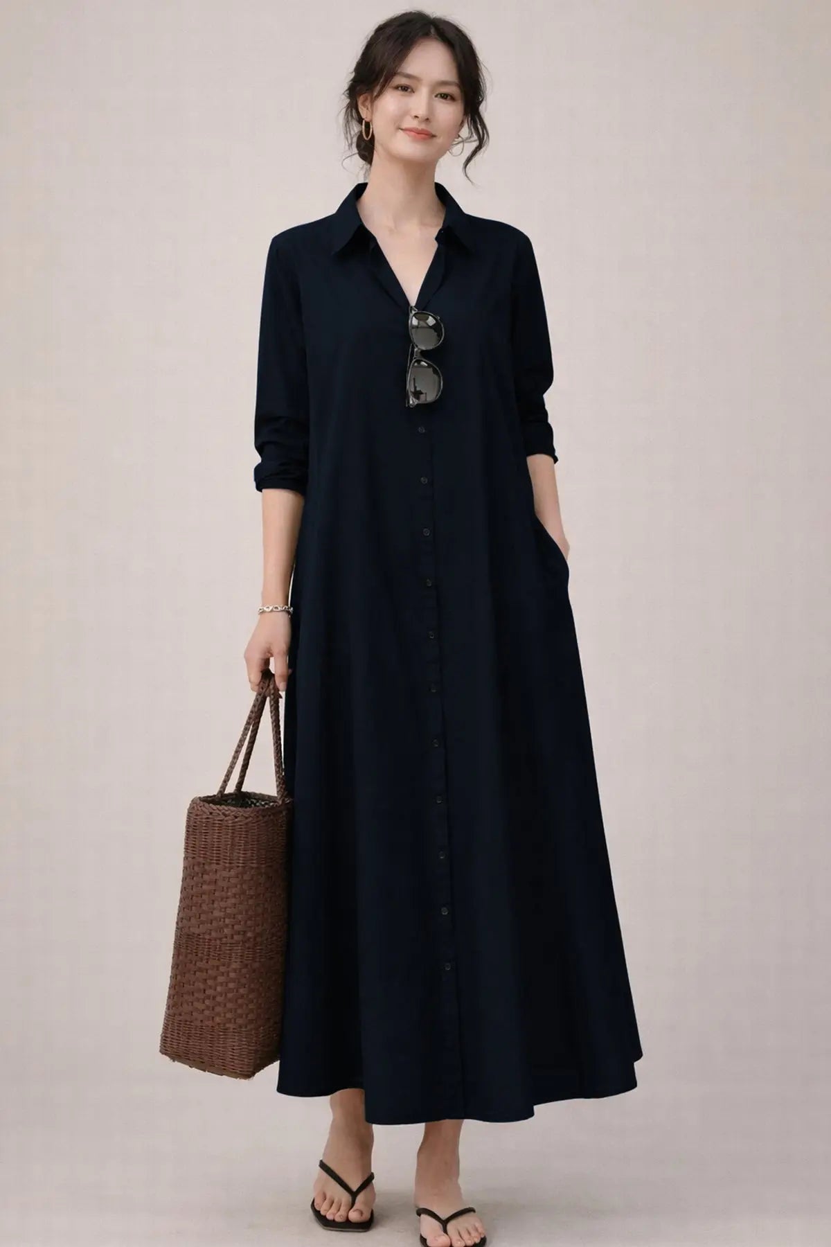 Shop Navy Cotton Maxi Shirt Dress for women by SNEHA B