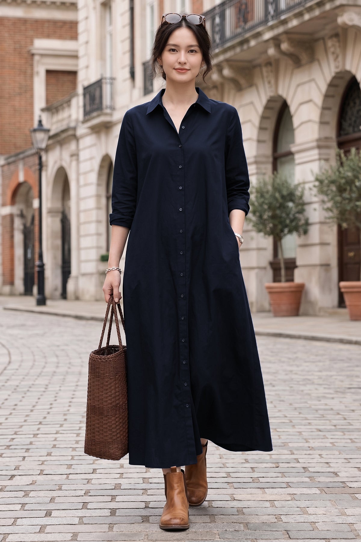 Navy Cotton Maxi Shirt Dress