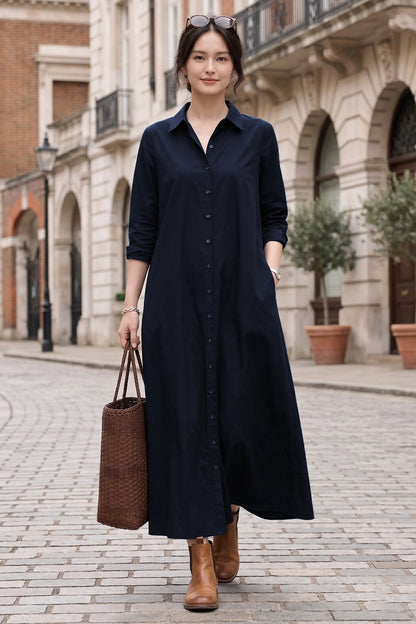 Navy Cotton Maxi Shirt Dress