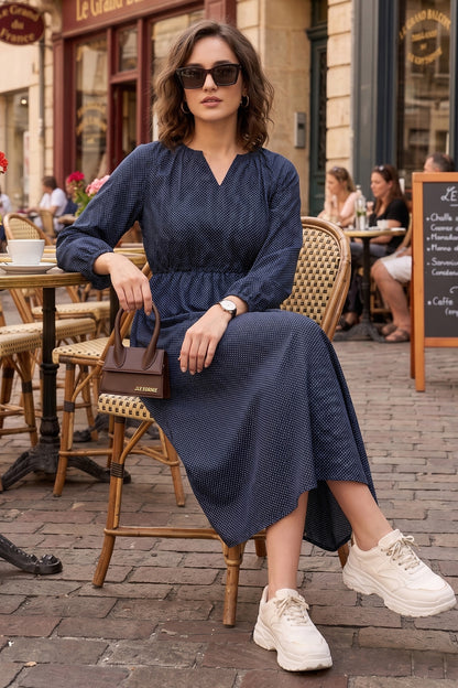 Navy Polka Dot Midi Slit Dress
