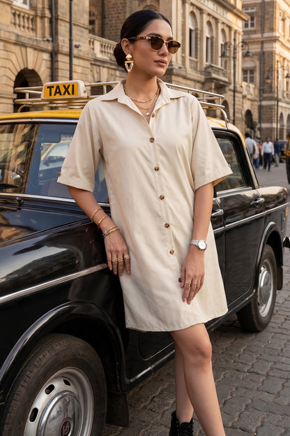 Cream Bamboo Cotton Shirt Dress