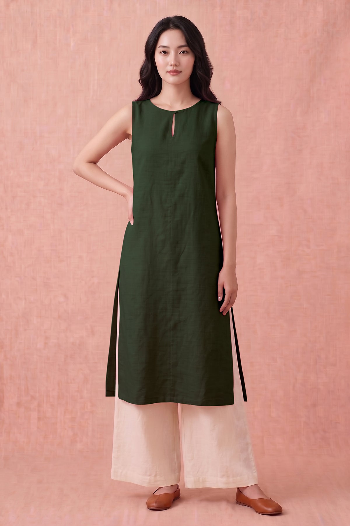 Olive Cotton Linen Kurta Set