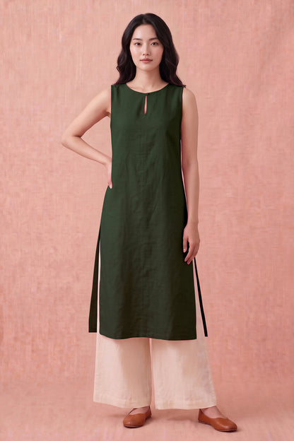 Olive Cotton Linen Kurta Set