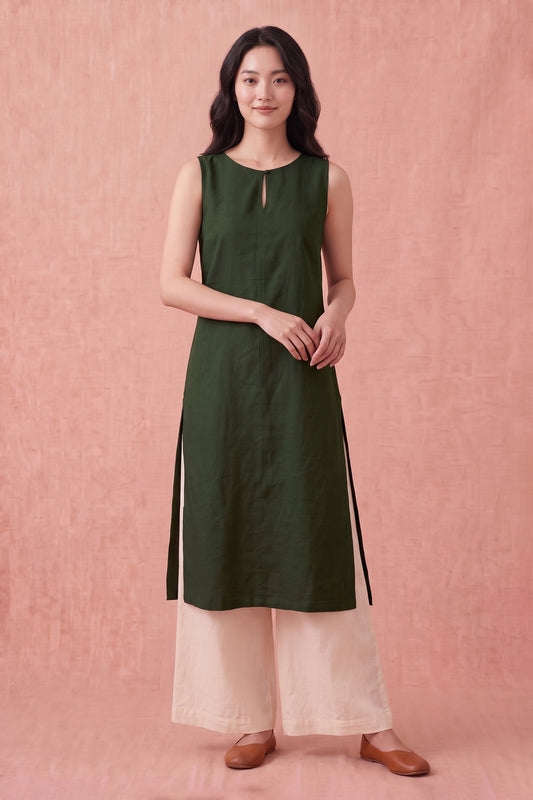 Olive Cotton Linen Kurta Set