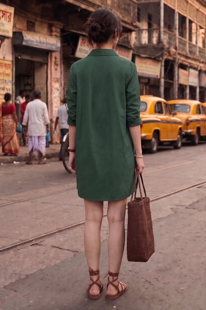 Olive Cotton Mini Shirt Dress