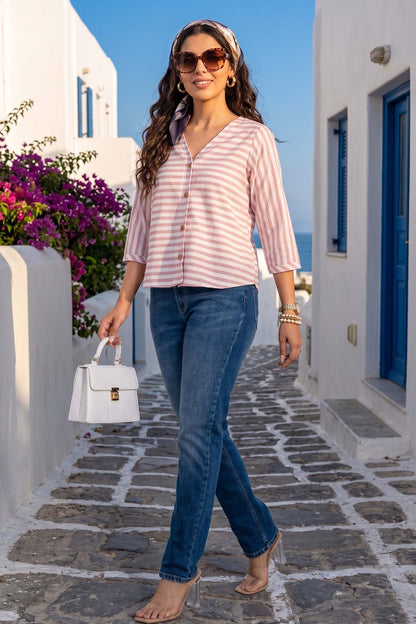 Onion Stripe Button Cotton Top