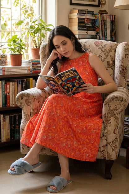 Orange Linen Print Midi Dress