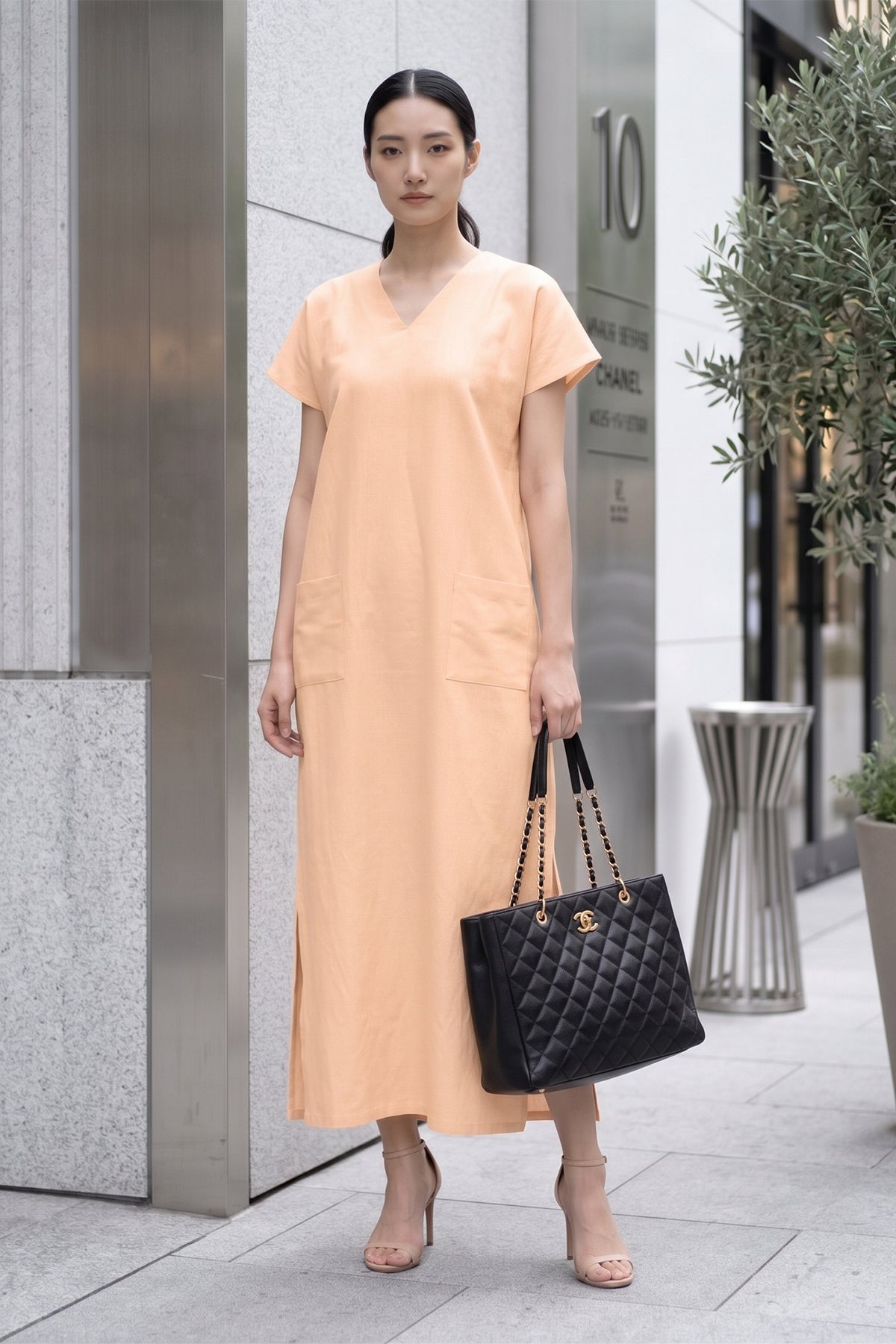 Peach Front Pocket Slit Dress
