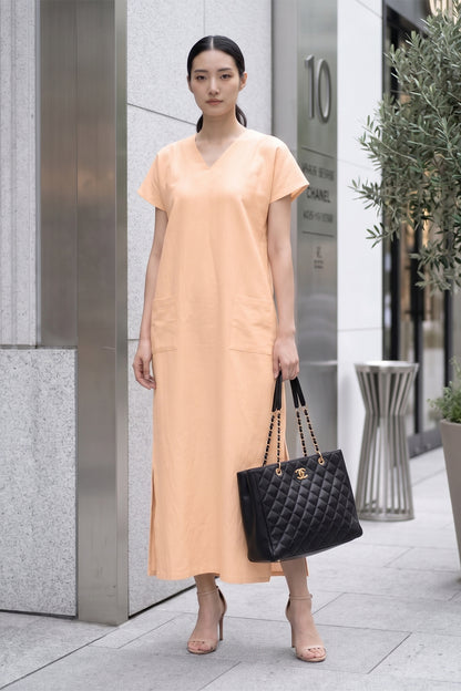 Peach Front Pocket Slit Dress