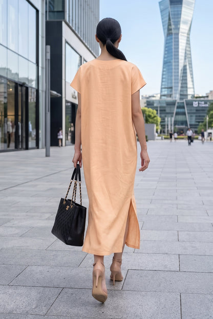 Peach Front Pocket Slit Dress