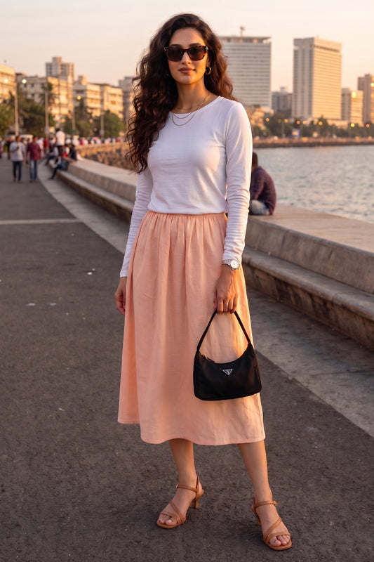 Shop Peach Cotton Linen A-Line Skirt by SNEHA B