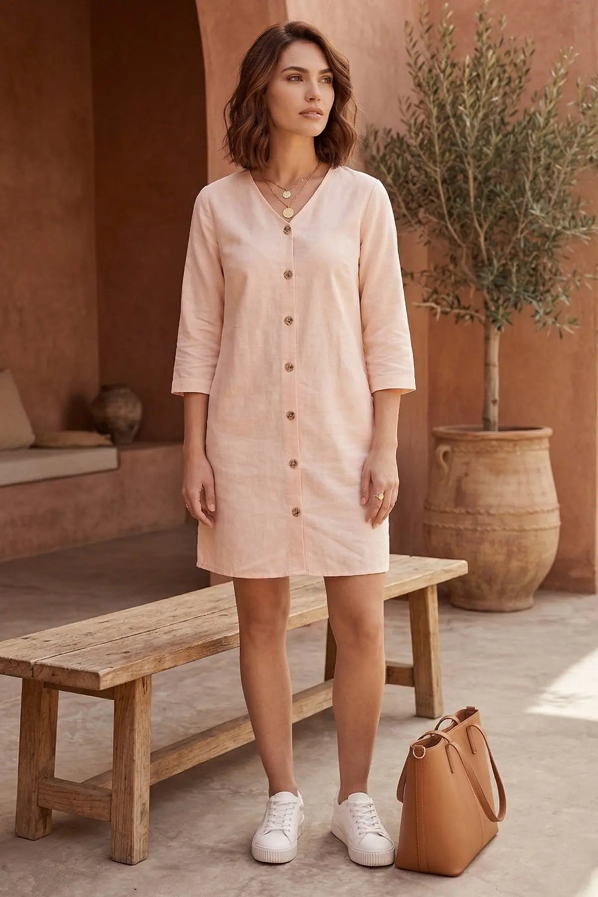 Peach Cotton Linen Mini Dress SNEHA B