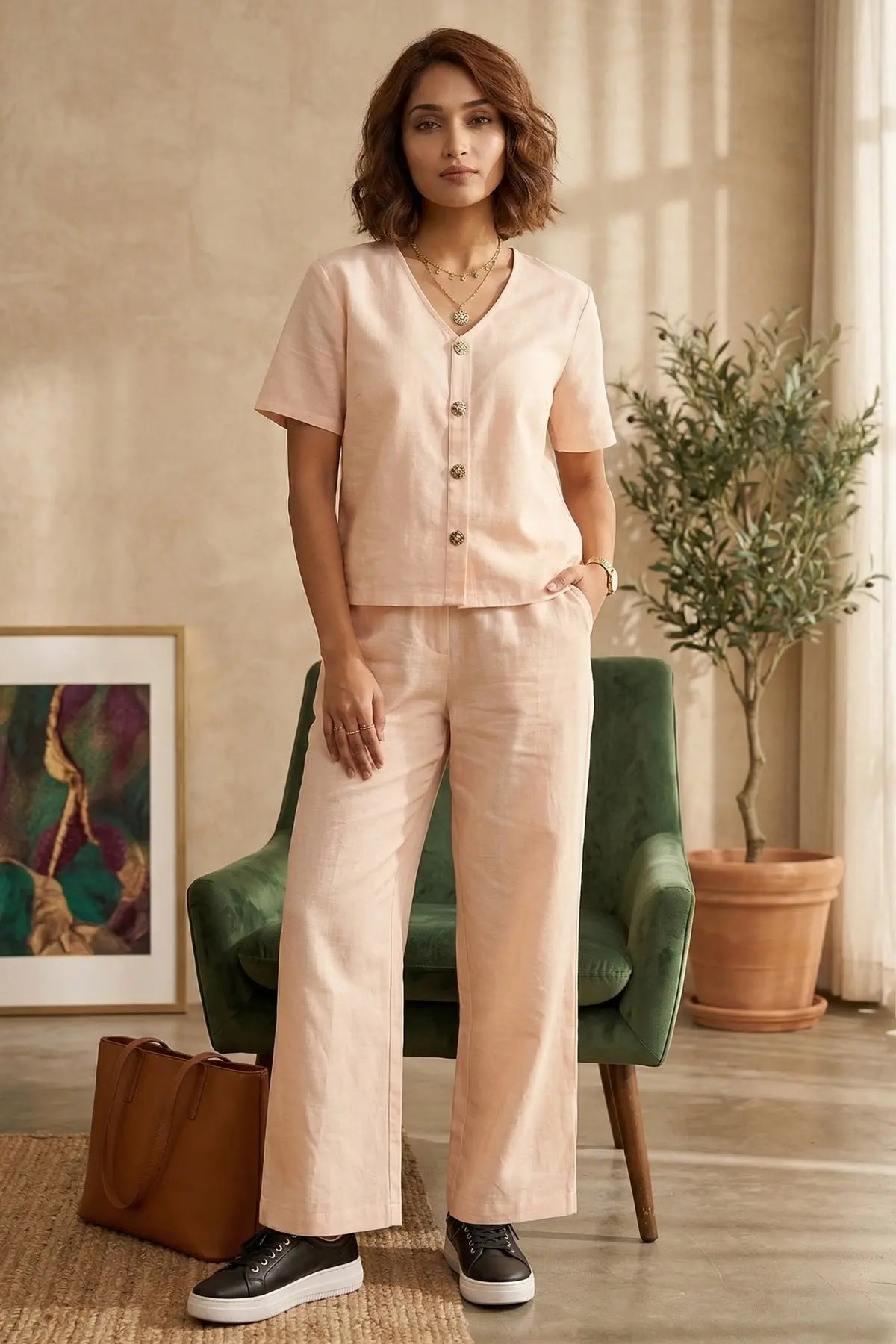 Peach Cotton Linen Button Top SNEHA B