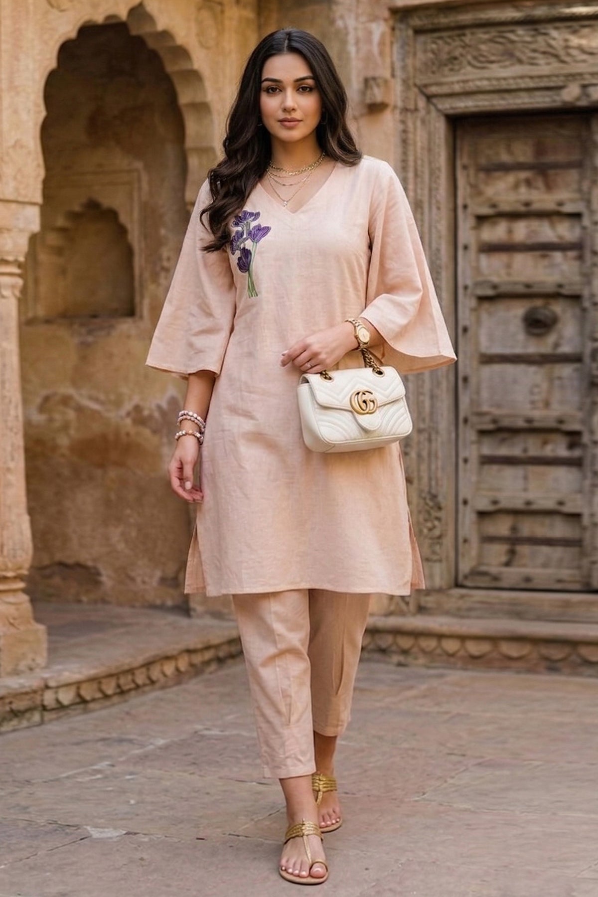 Peach Embroidered Kurta & Pant
