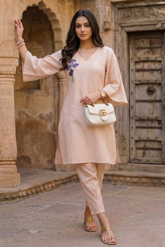 Peach Embroidered Kurta & Pant