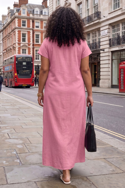 Pink Cotton Maxi Buttoned Dress
