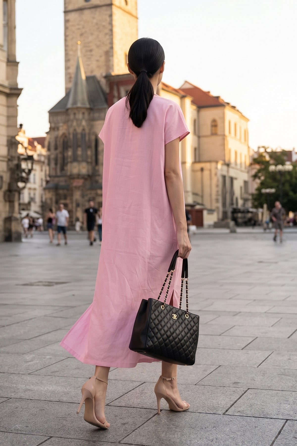 Pink Front Pocket Slit Dress