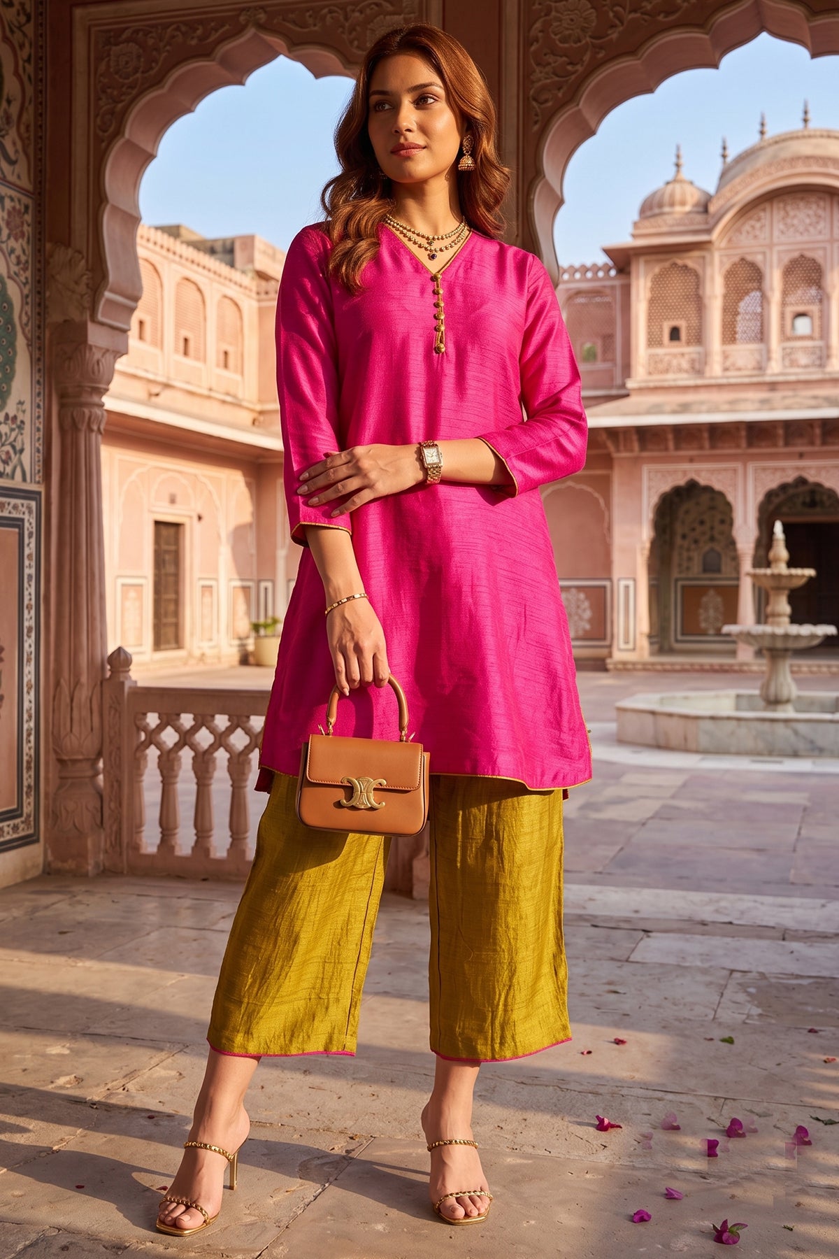 Pink Silk Short Kurta & Pants