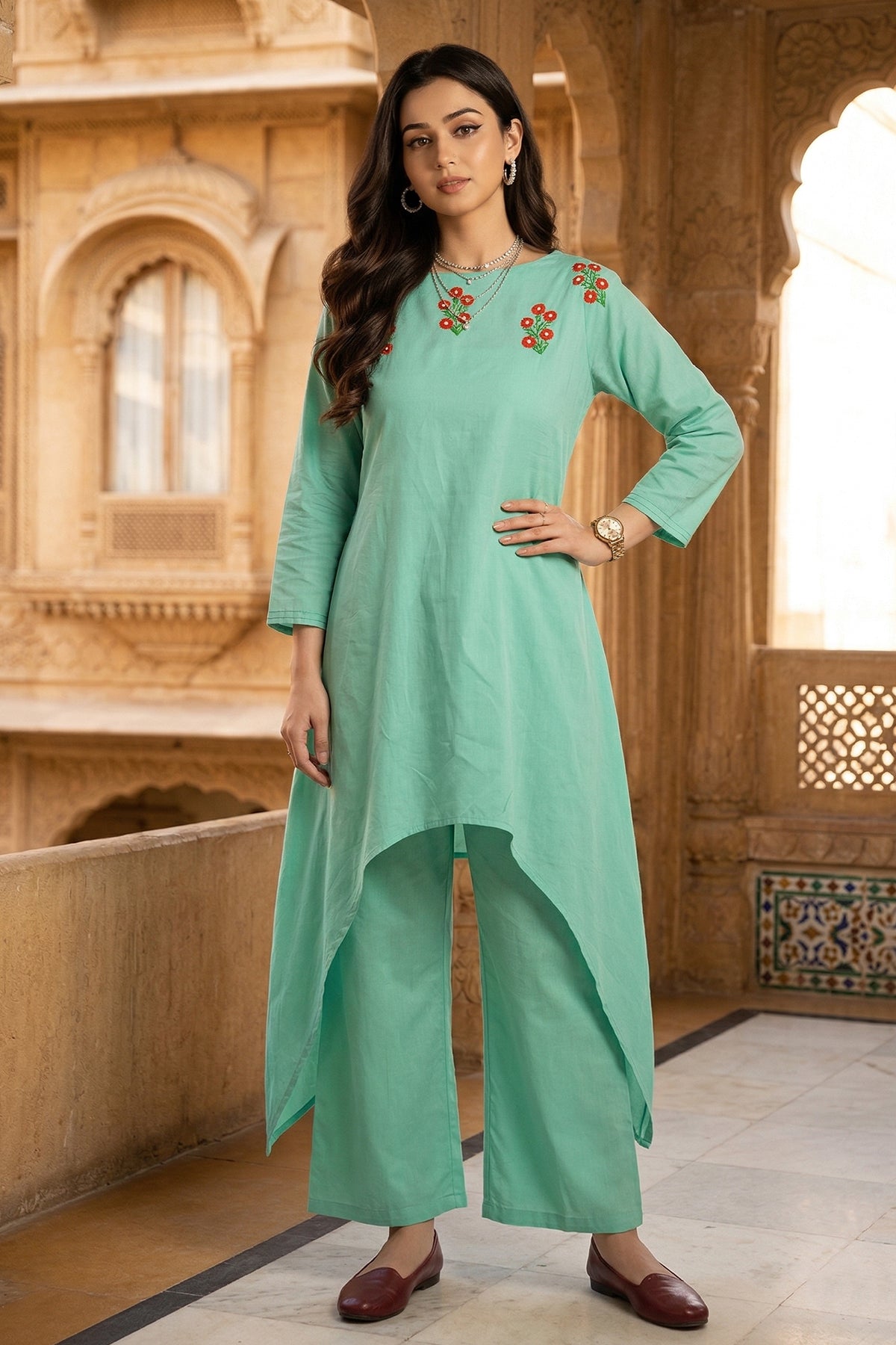 Pista Embroidered Kurta & Pant