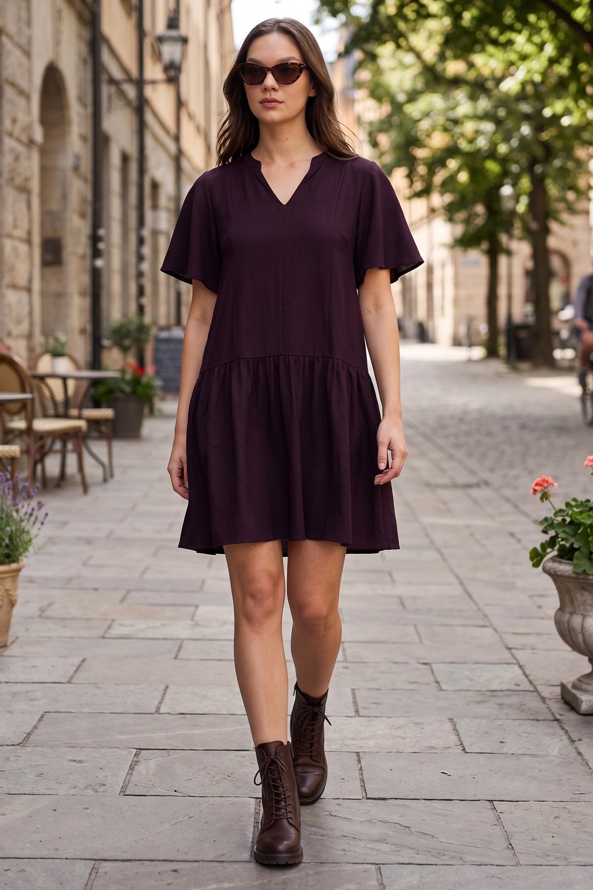 Plum Cotton Linen Flare Dress