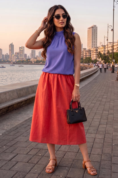 Red Cotton Linen A-Line Skirt