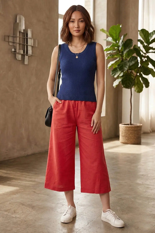 Red Cotton Linen Flare Pant SNEHA B