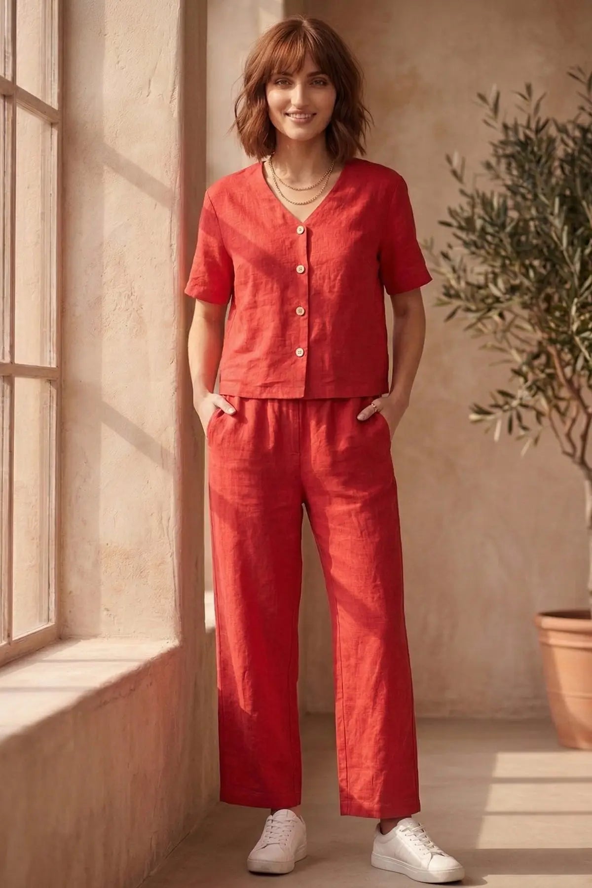 Red Cotton Linen Button Top SNEHA B