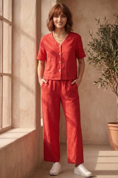 Red Cotton Linen Button Top SNEHA B