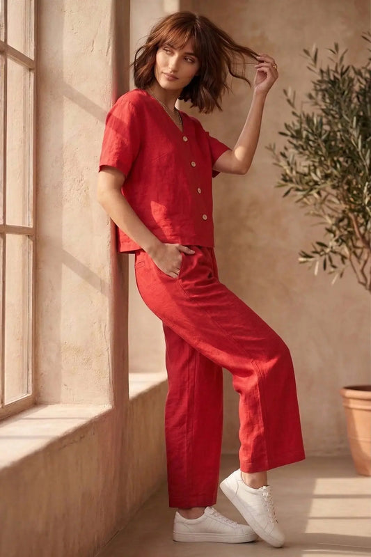 Red Cotton Linen Button Top SNEHA B