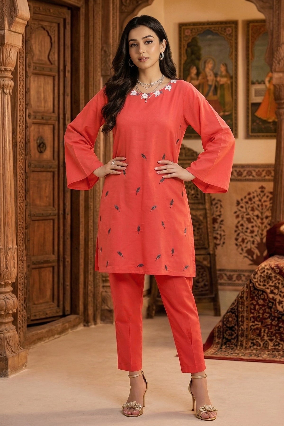 Red Embroidered Kurta & Pants