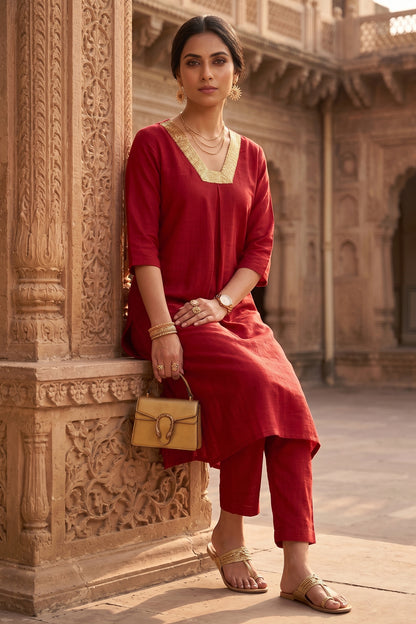 Red Silk Straight Kurta & Pants