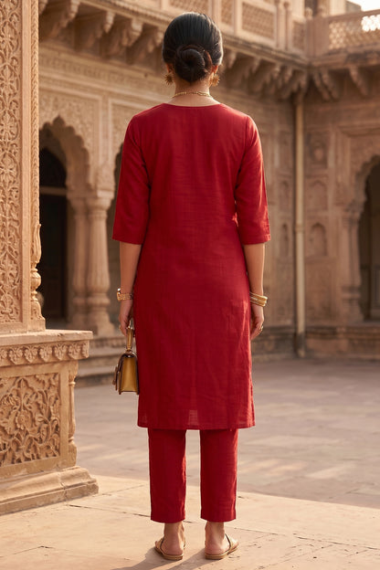 Red Silk Straight Kurta & Pants