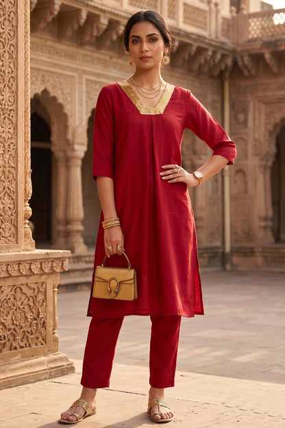 Red Silk Straight Kurta & Pants