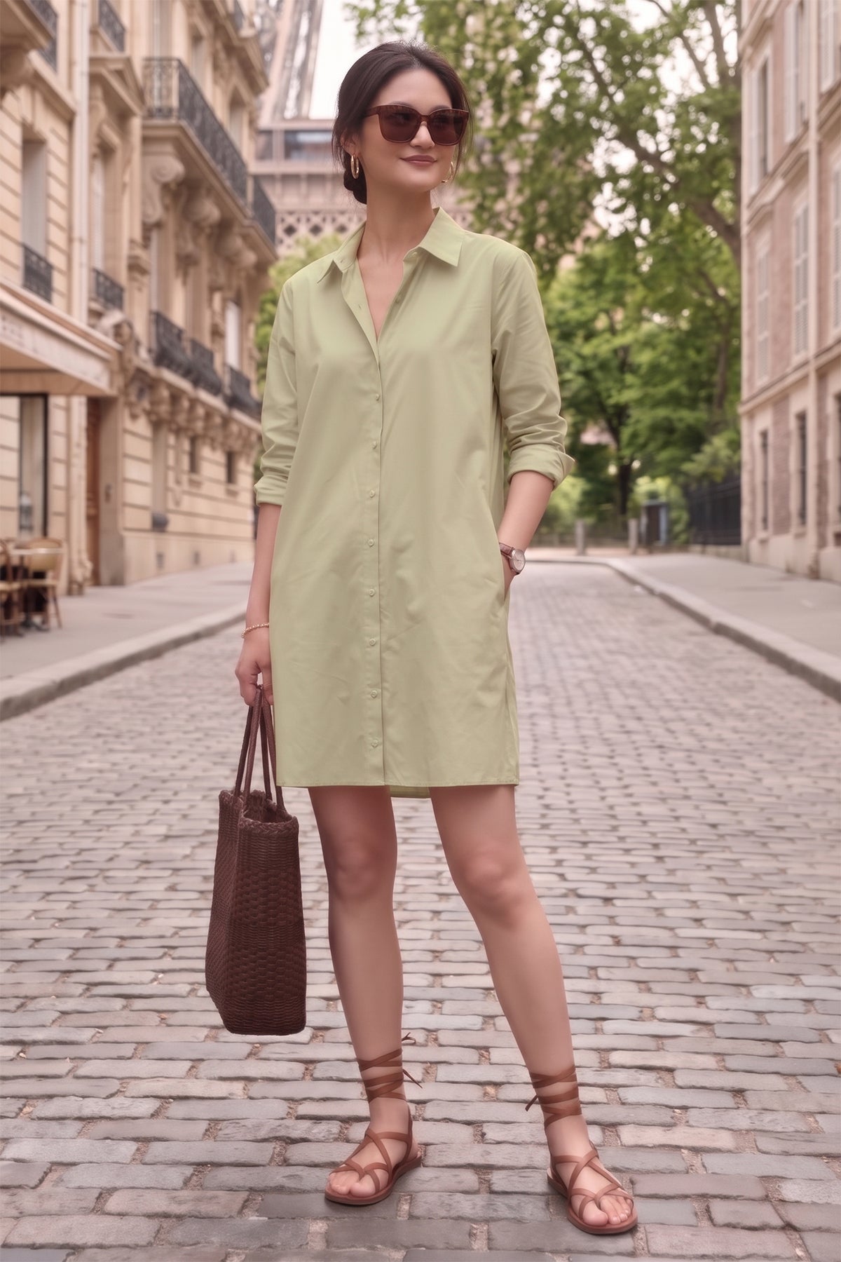 Sage Cotton Mini Shirt Dress