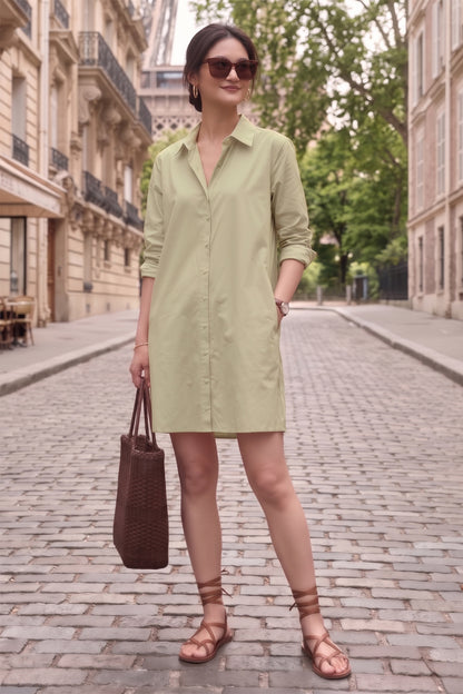 Sage Cotton Mini Shirt Dress
