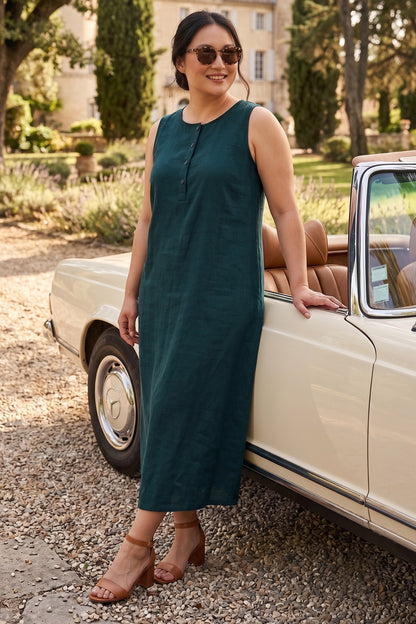 Teal Blue Linen Blend Midi Dress