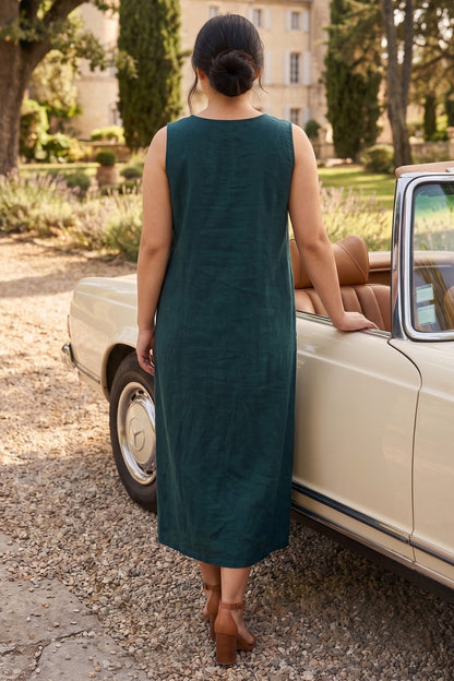 Teal Blue Linen Blend Midi Dress