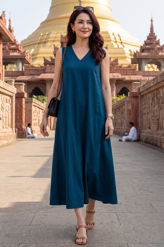 Teal A-Line Cotton Maxi Dress