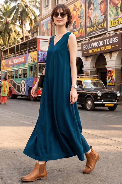Teal A-Line Cotton Maxi Dress