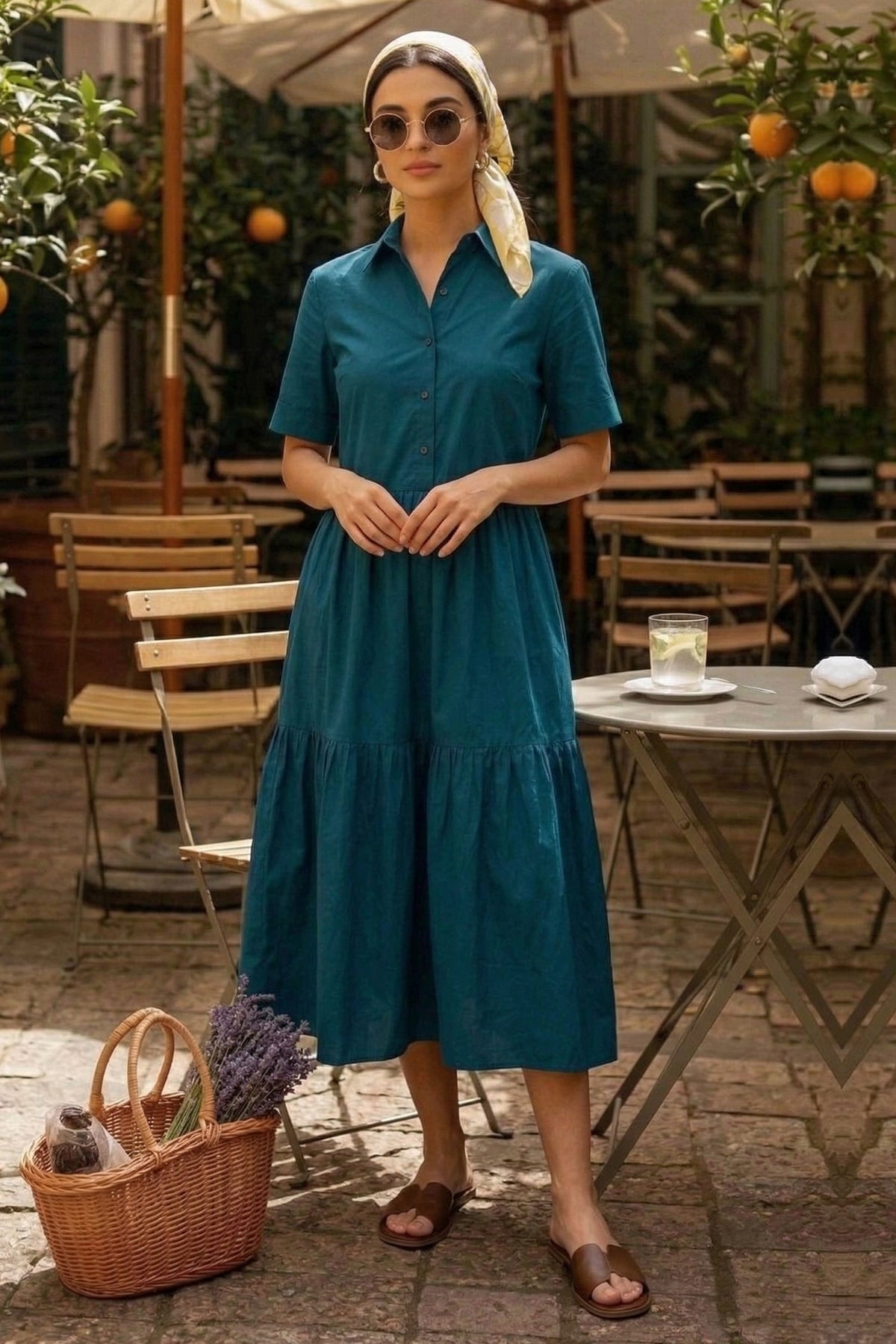 Teal Button Tiered Midi Dress