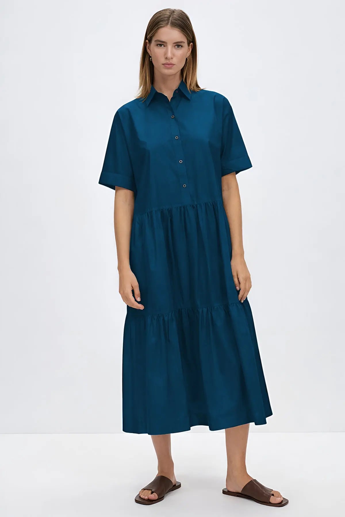 Shop Teal Button Tiered Midi Dress for women by SNEHA B