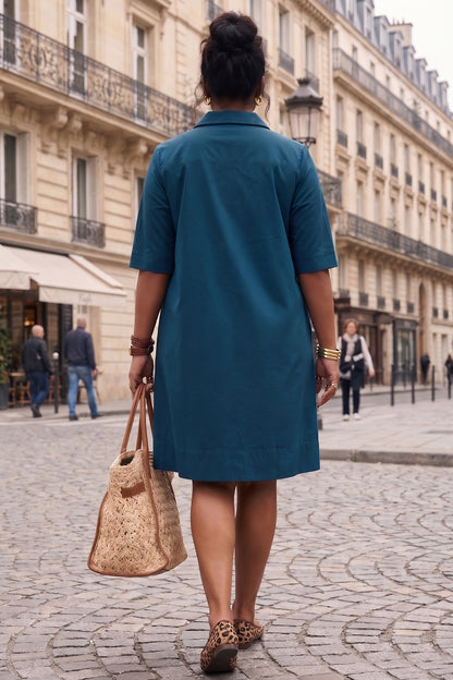 Teal Cotton Box Pleated Dress