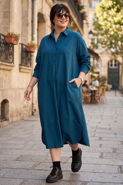 Teal Cotton Cambric Midi Dress