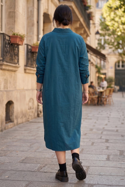 Teal Cotton Cambric Midi Dress