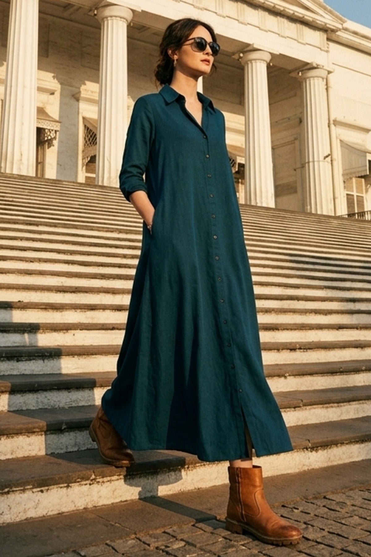 Teal Cotton Maxi Shirt Dress