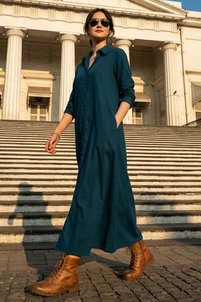 Teal Cotton Maxi Shirt Dress