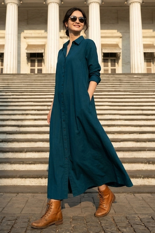 Teal Cotton Maxi Shirt Dress