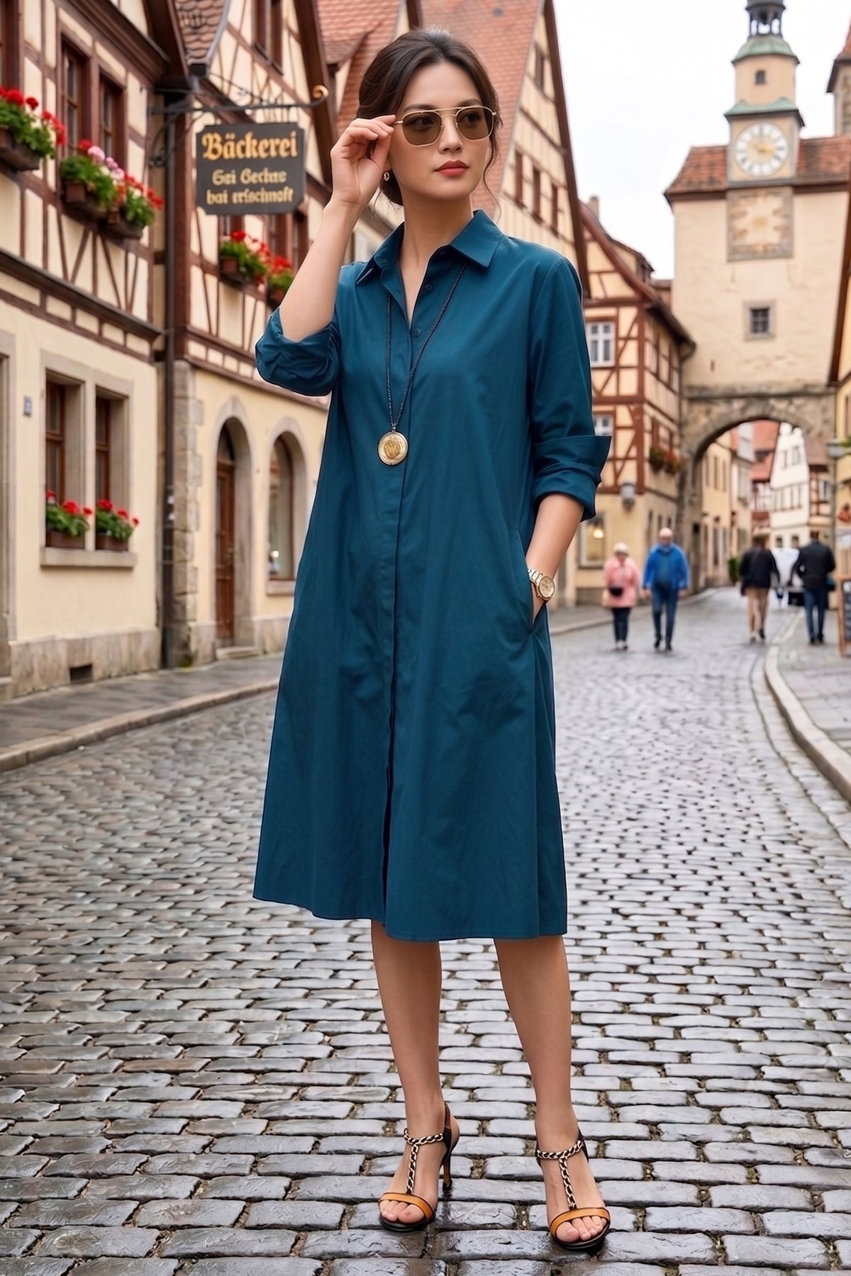 Teal Knee Length Shirt Dress