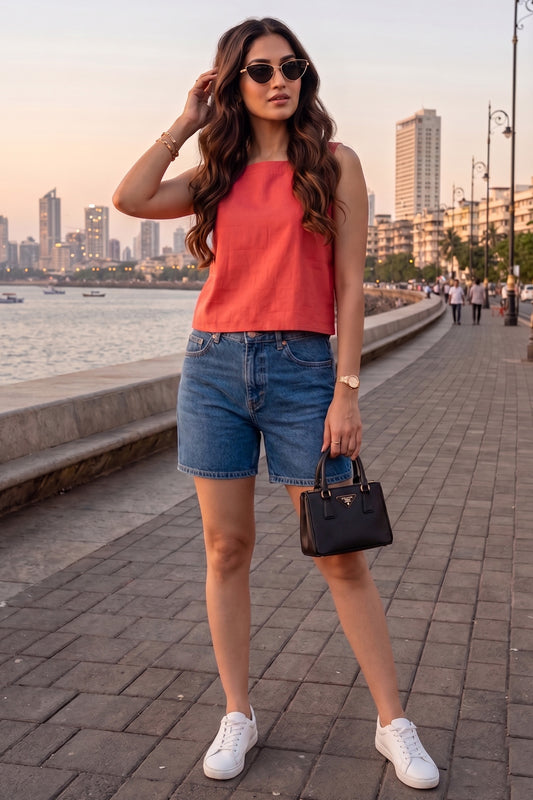Shop Tomato Cotton Linen Crop Top by SNEHA B